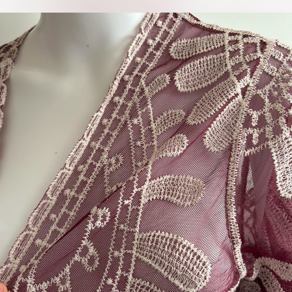 Boho Western Gipsy Burgundy Floral Sheer Kimono Size M - Picture 8 of 8